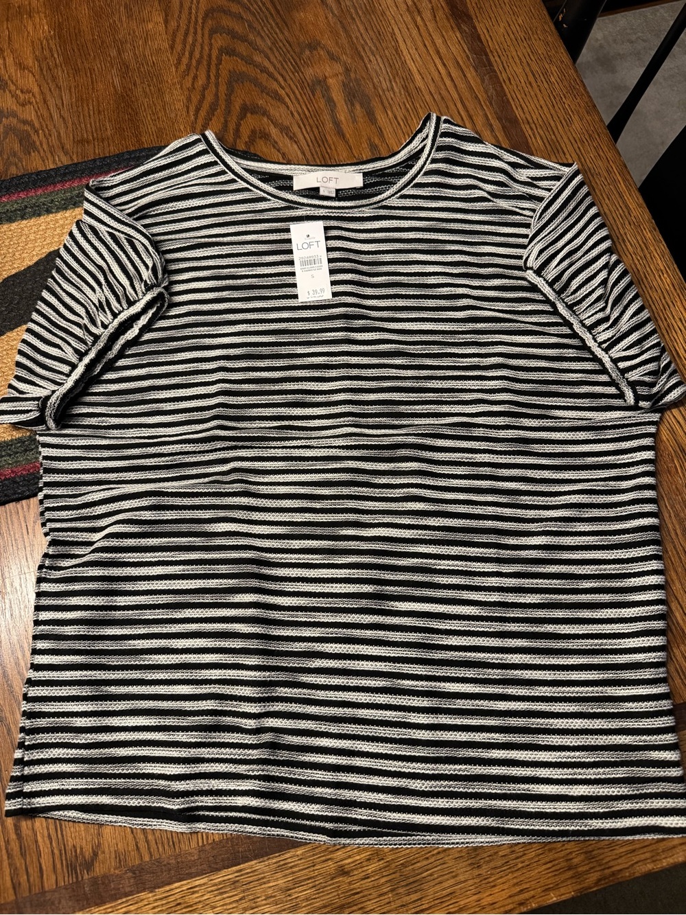 LOFT Black & White Striped Short Sleeve Knit Tee with Subtle Puff Sleeves